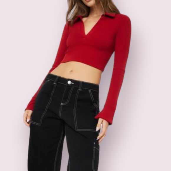 Garage Crimson Red Long Sleeve Polo Tee - Picture 1 of 1